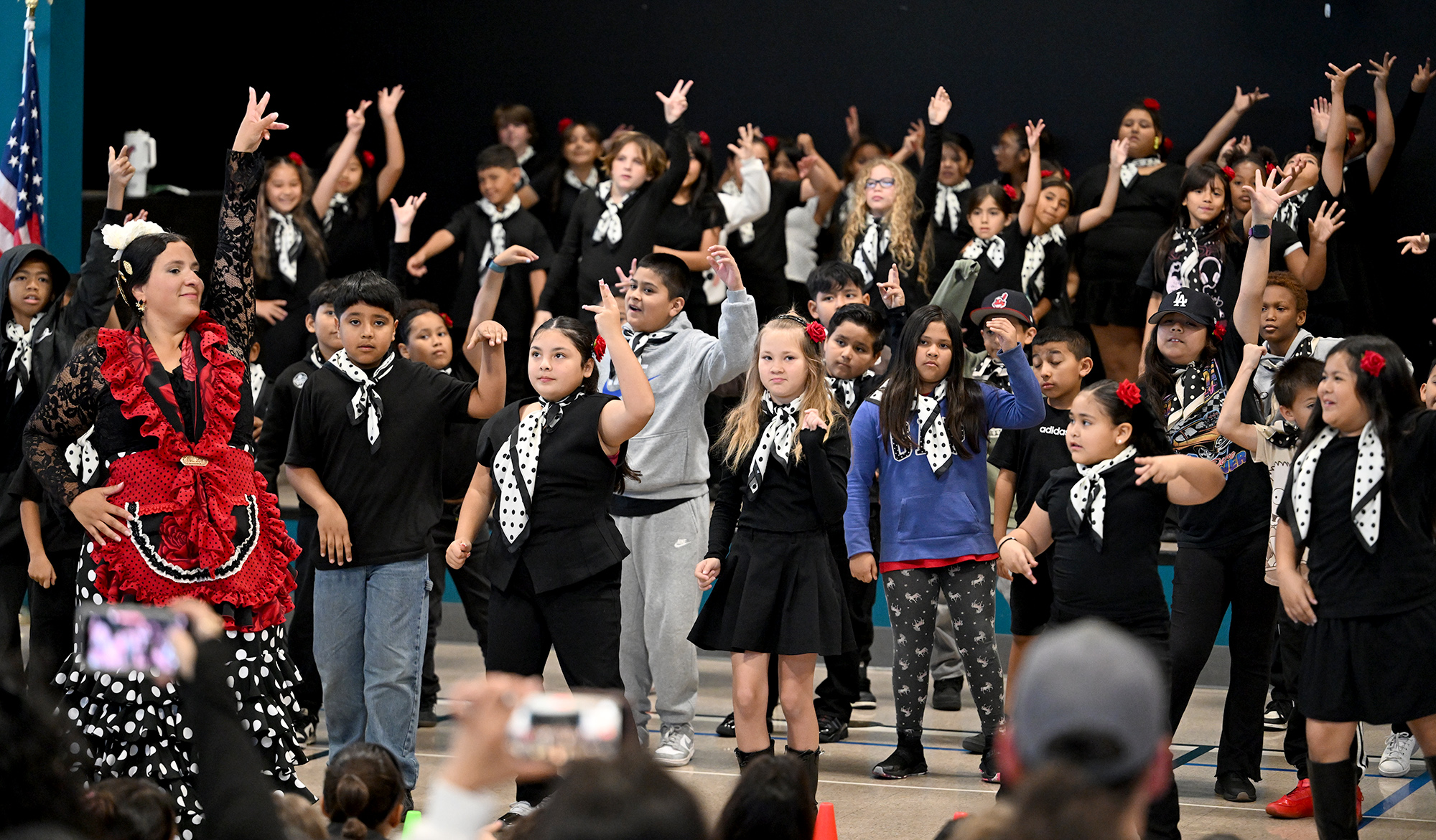 Angela Arteritano leading flamenco with Markham Elementary students